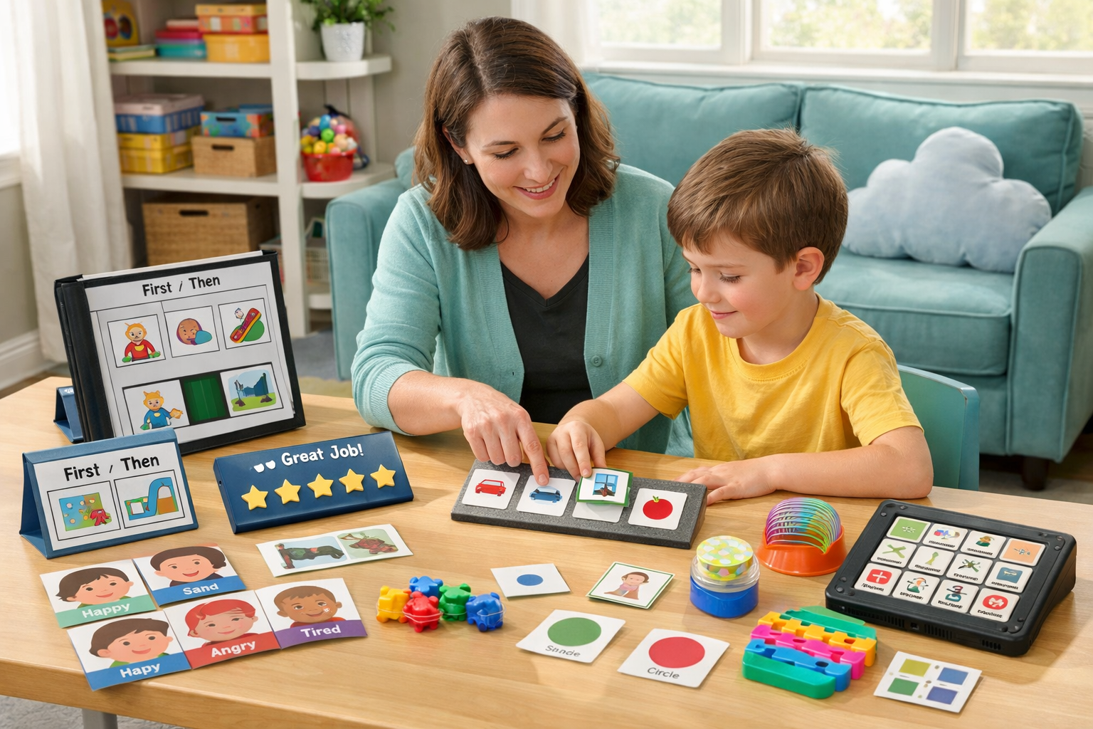 Therapist using visual cards and structured teaching tools during ABA therapy