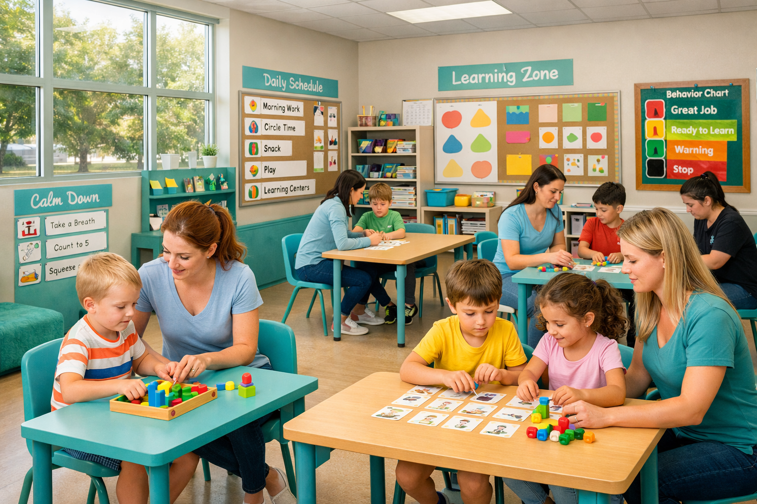 Children participating in center-based ABA therapy activities with therapists in a structured classroom setting