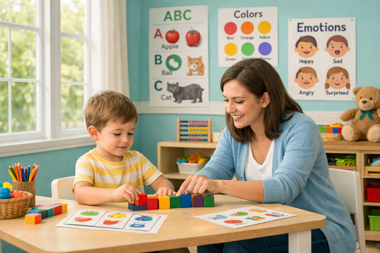 Therapist helping a child learn colors and shapes using building blocks