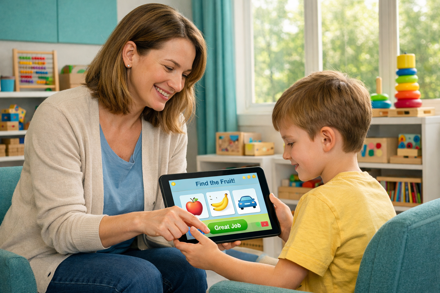 Therapist helping a child use a tablet app during an ABA therapy session