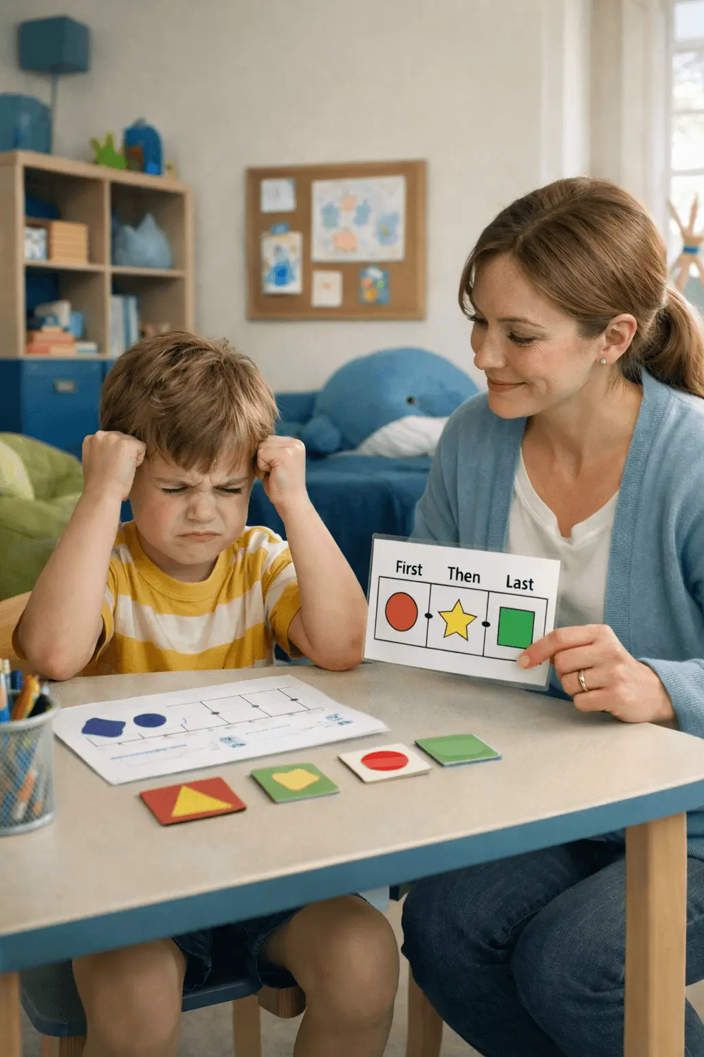 Child showing frustration during ABA therapy while therapist uses visual cues to guide and support learning