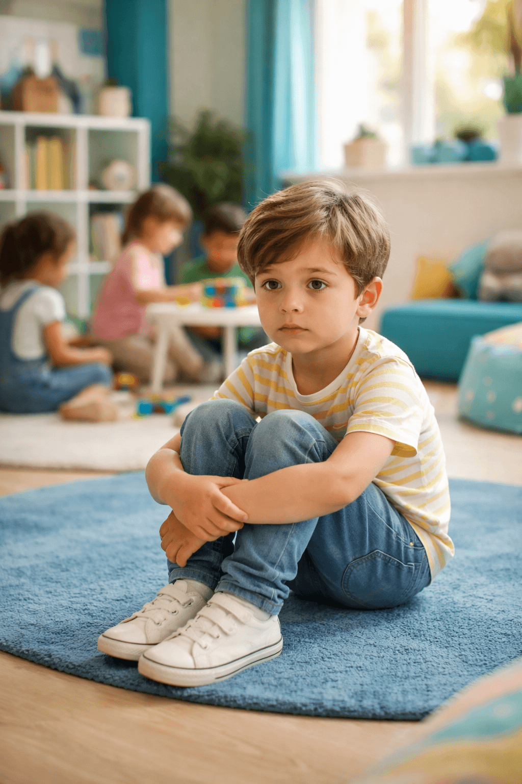 Child sitting alone in playroom appearing hesitant to engage, illustrating early social challenges in autism therapy