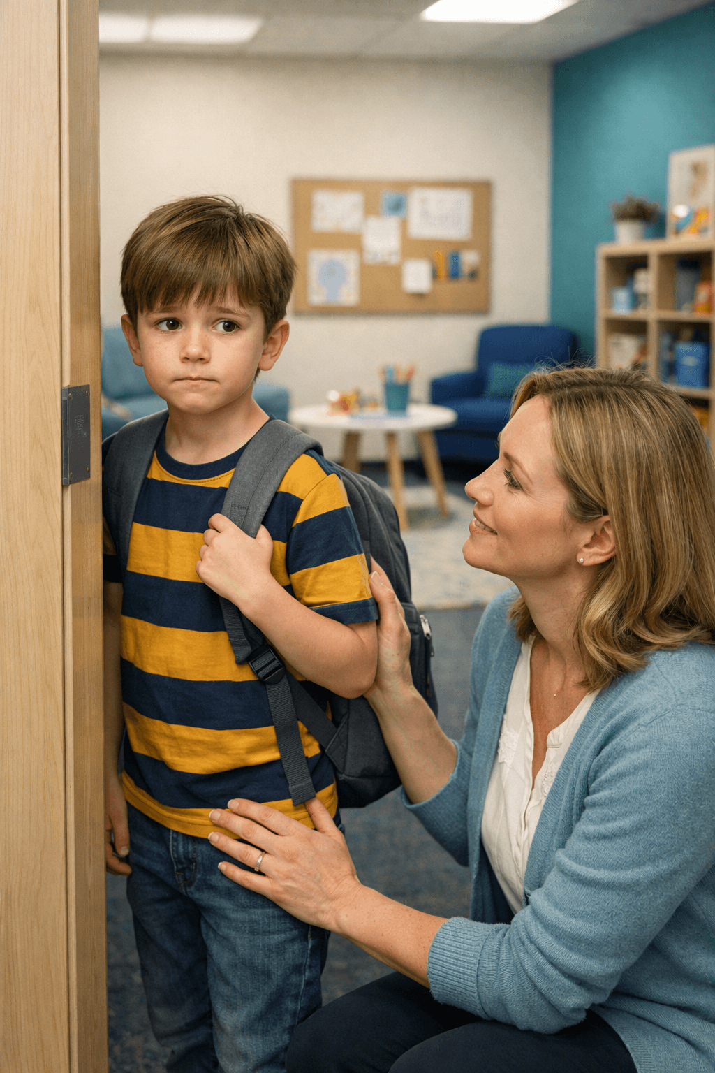 Child hesitating at autism therapy room entrance while therapist offers reassurance in a calm, structured environment