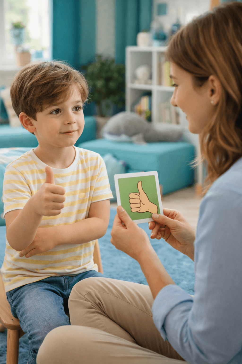 Child practicing communication with therapist using gesture cards during autism therapy session in a calm environment