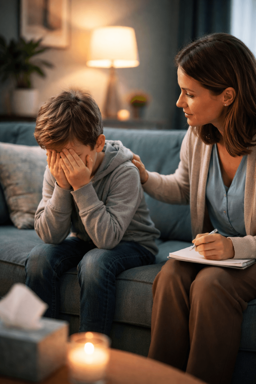 Child experiencing emotional overwhelm while therapist provides calm support in a behavioral health setting