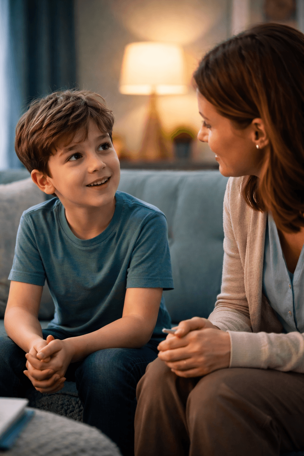 Child talking with therapist showing trust and connection during behavioral health counseling session