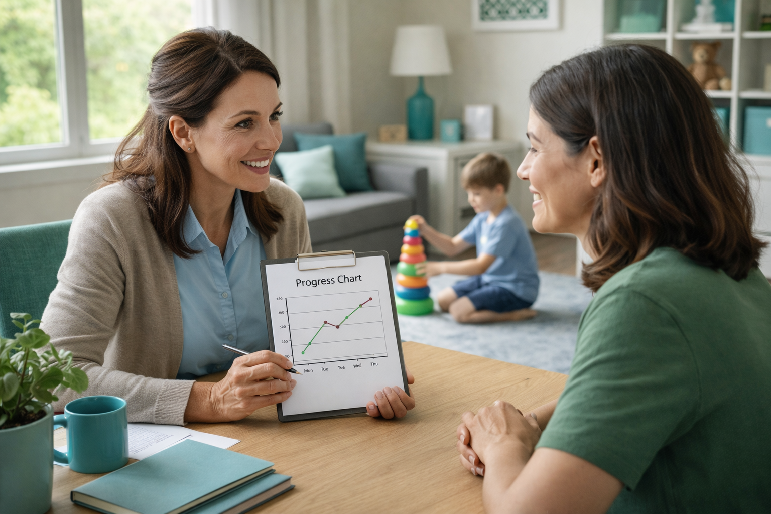 Therapist reviewing a child’s ABA progress chart with a parent during a consultation