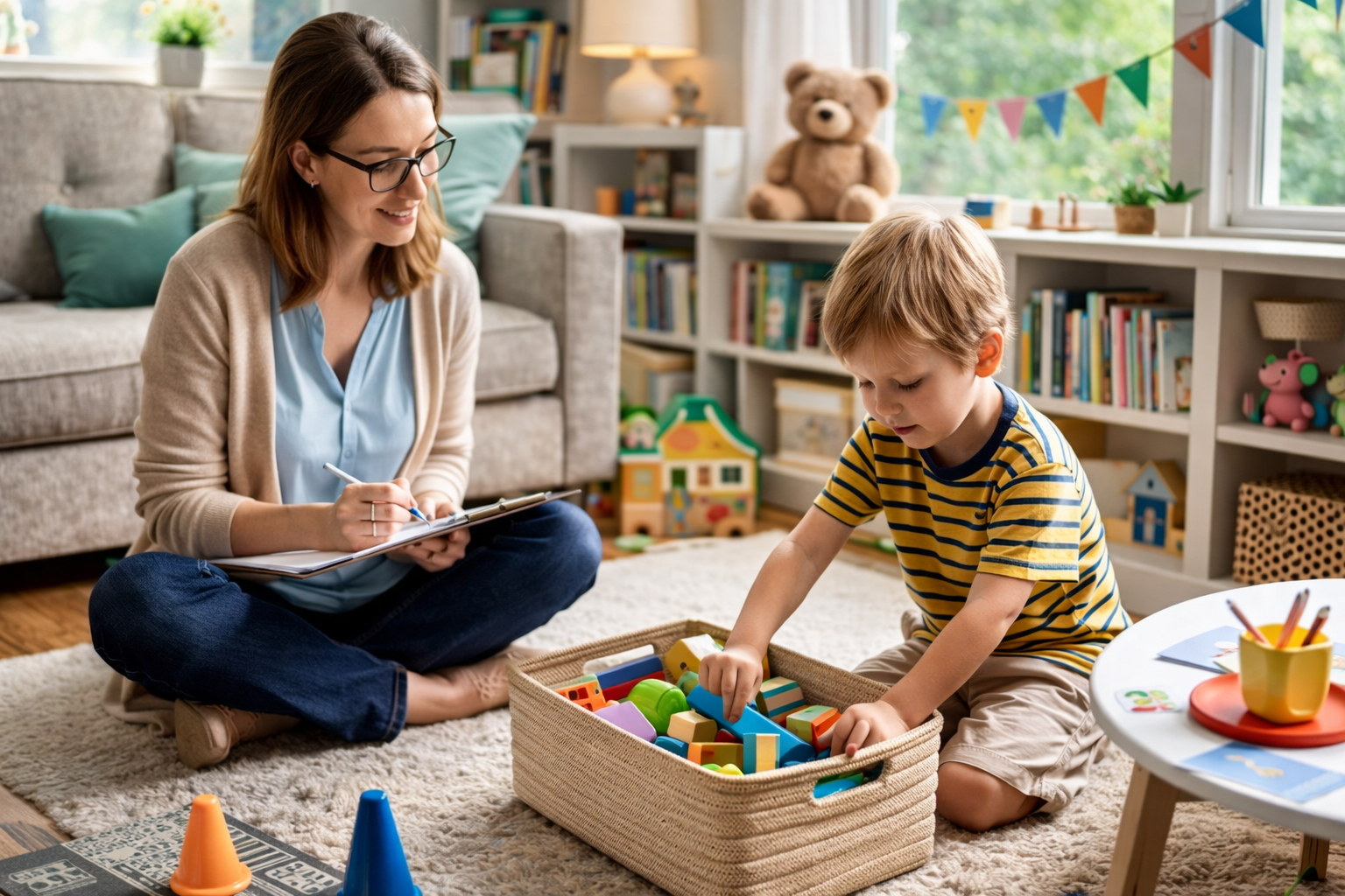 Therapist observing a child playing with toys during an in-home ABA session