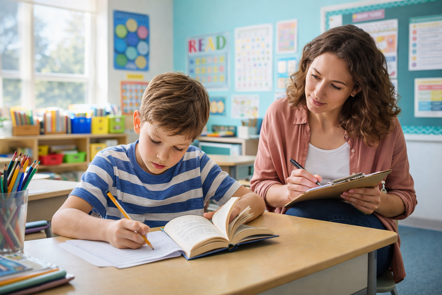 Child reading and writing with teacher observing and taking notes