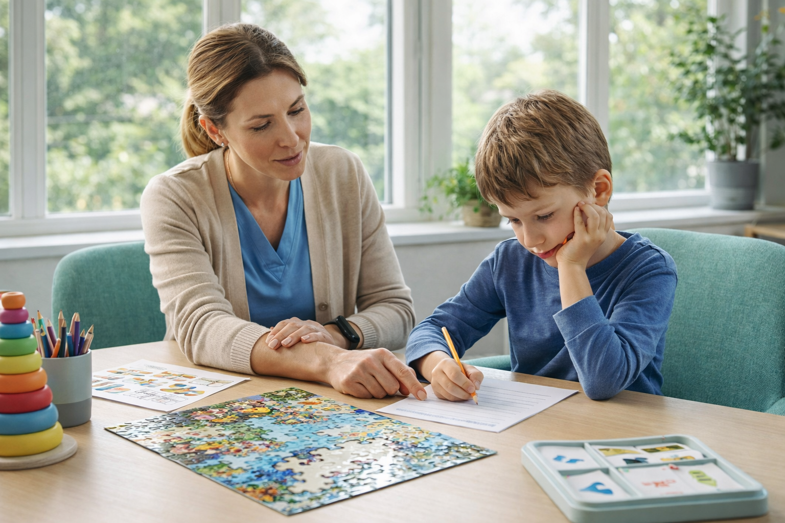 Child concentrating on writing task with teacher support nearby