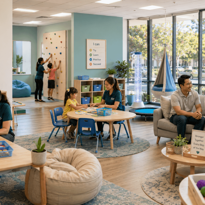 Bright autism therapy center with therapists supporting children and families in a welcoming learning environment.