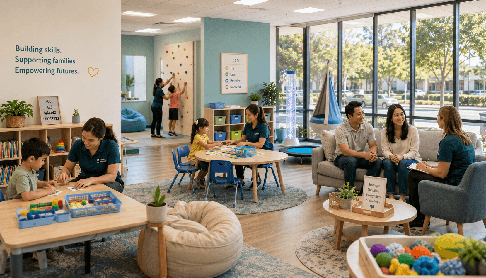 Bright autism therapy center with therapists supporting children and families in a welcoming learning environment.