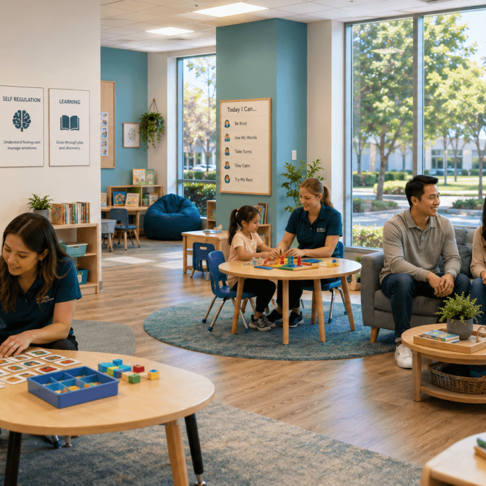 Open pediatric therapy and learning center with therapists supporting children and families.