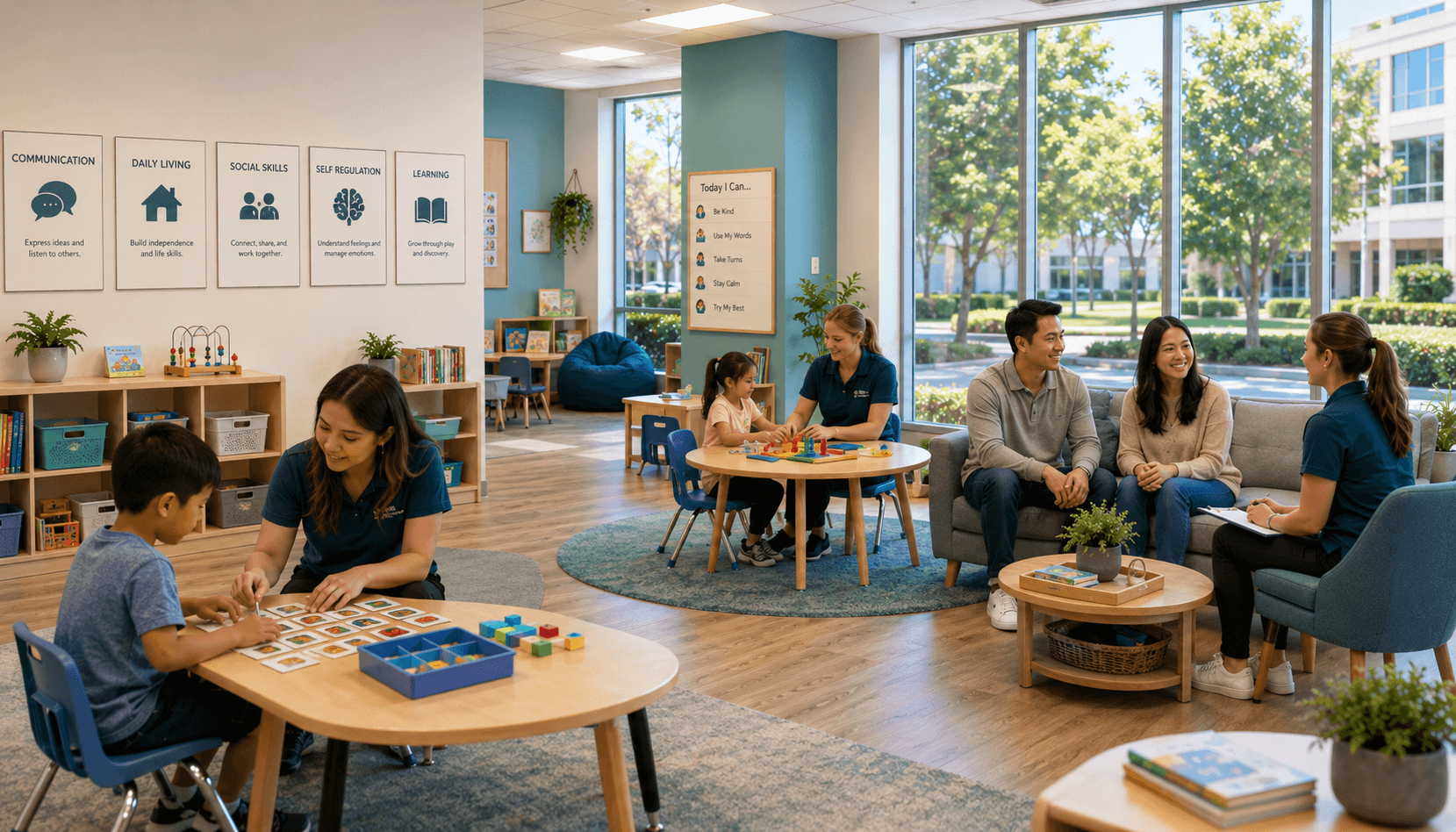 Open pediatric therapy and learning center with therapists supporting children and families.