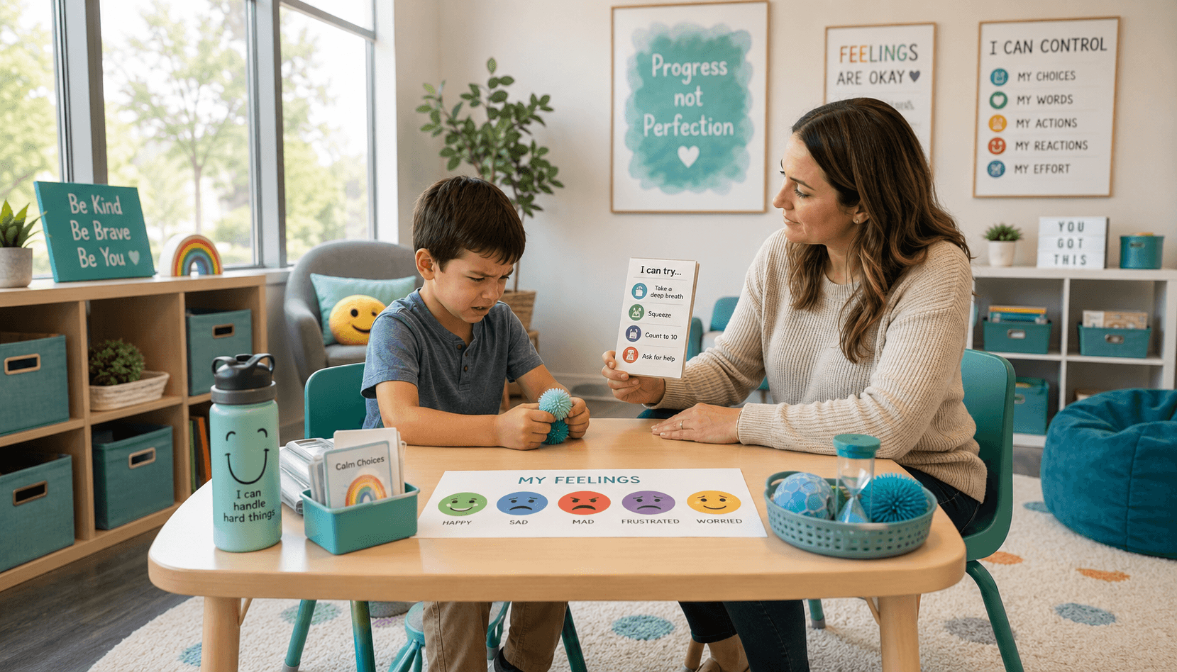 Therapist helping a child practice emotional regulation and calming strategies during a support session.