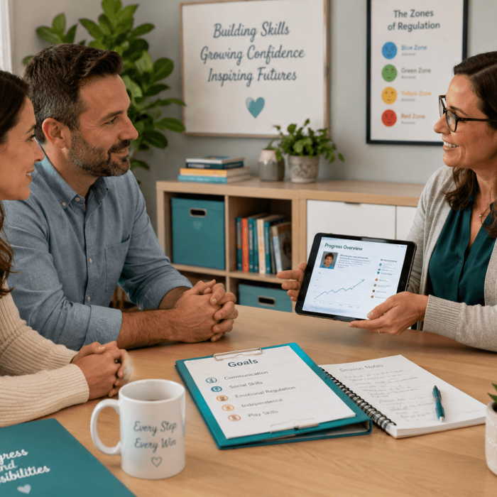 Therapist discussing child progress reports and developmental goals with parents.