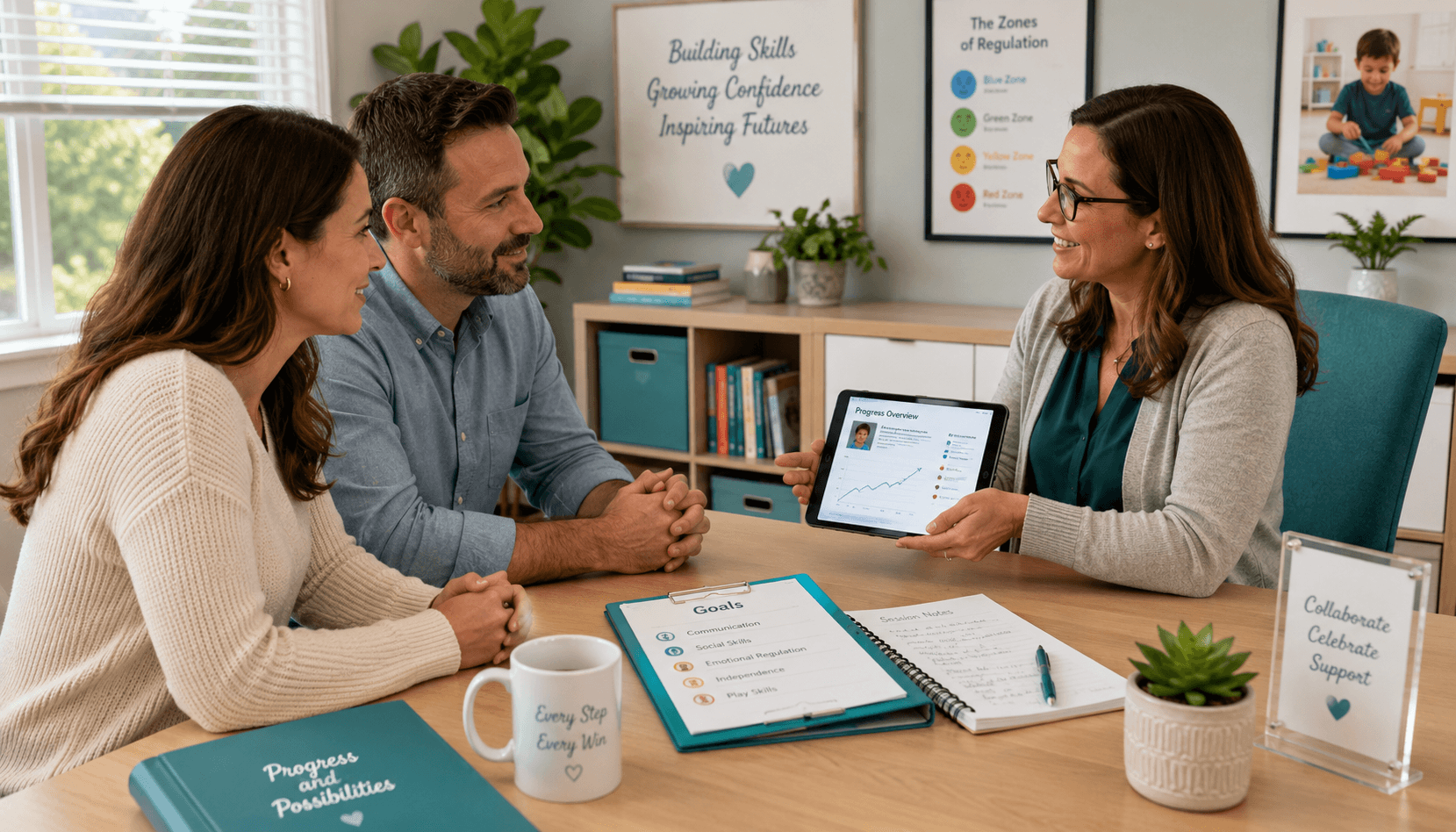 Therapist discussing child progress reports and developmental goals with parents.