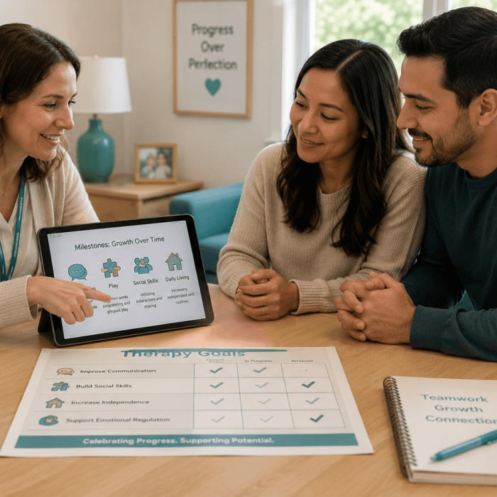 Therapist reviewing developmental progress and therapy goals with parents during a consultation meeting.