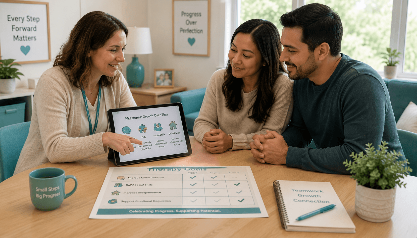 Therapist reviewing developmental progress and therapy goals with parents during a consultation meeting.