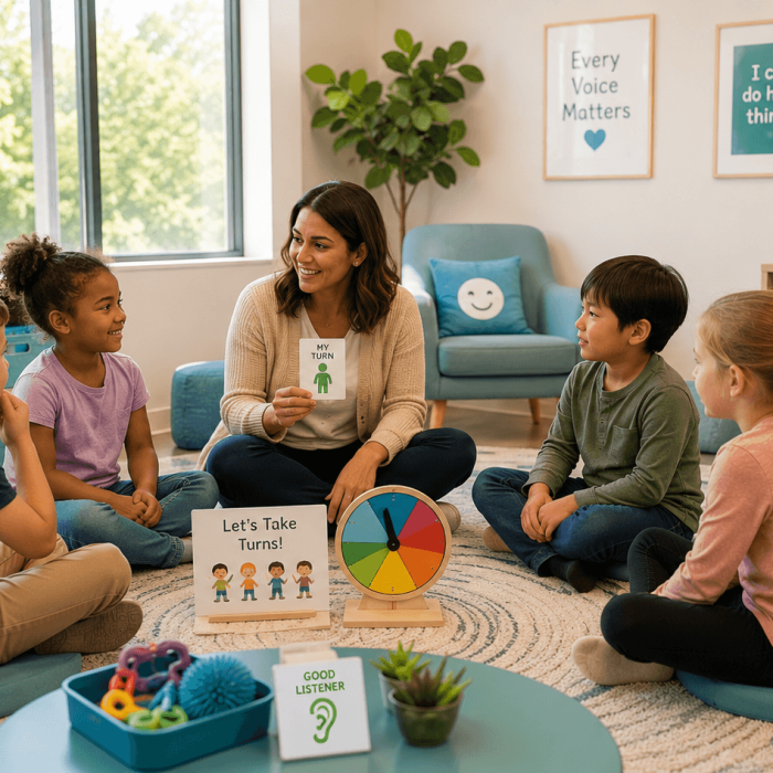Children participating in a social skills group activity led by a therapist in a classroom setting.