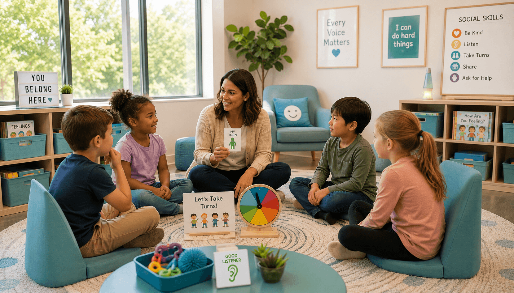Children participating in a social skills group activity led by a therapist in a classroom setting.
