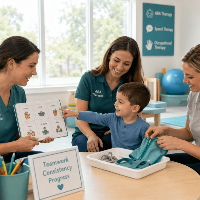 Speech and occupational therapists helping a young child with communication and developmental activities.
