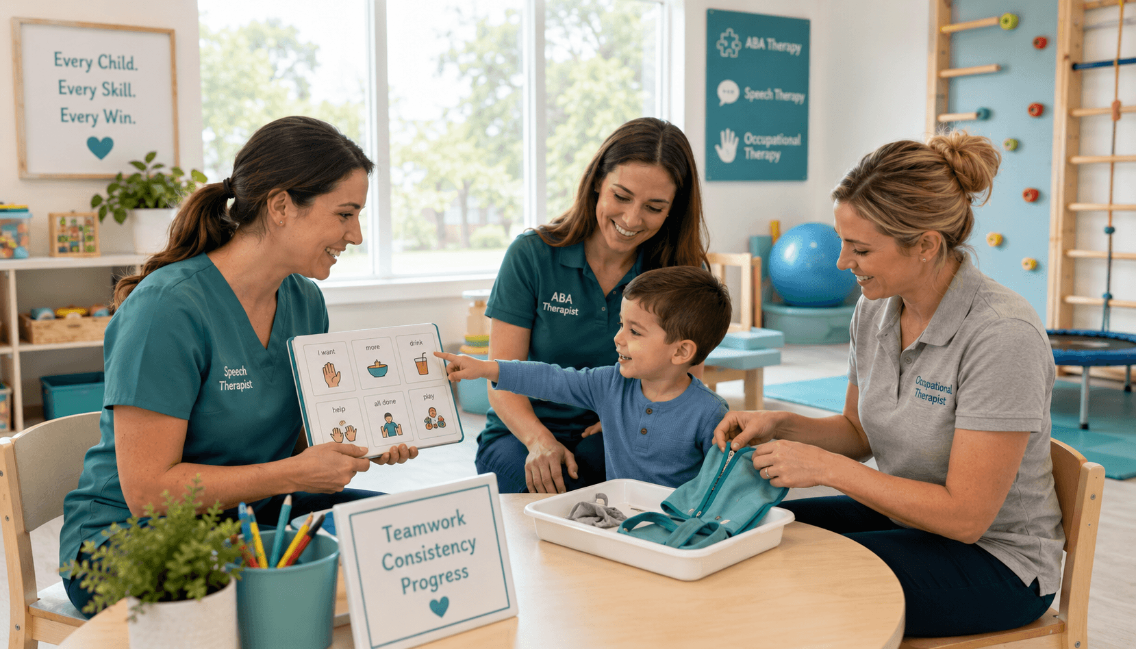 Speech and occupational therapists helping a young child with communication and developmental activities.