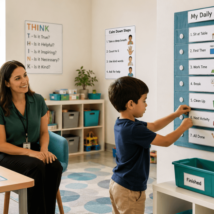 Child using a visual daily routine board with therapist guidance in a learning environment.
