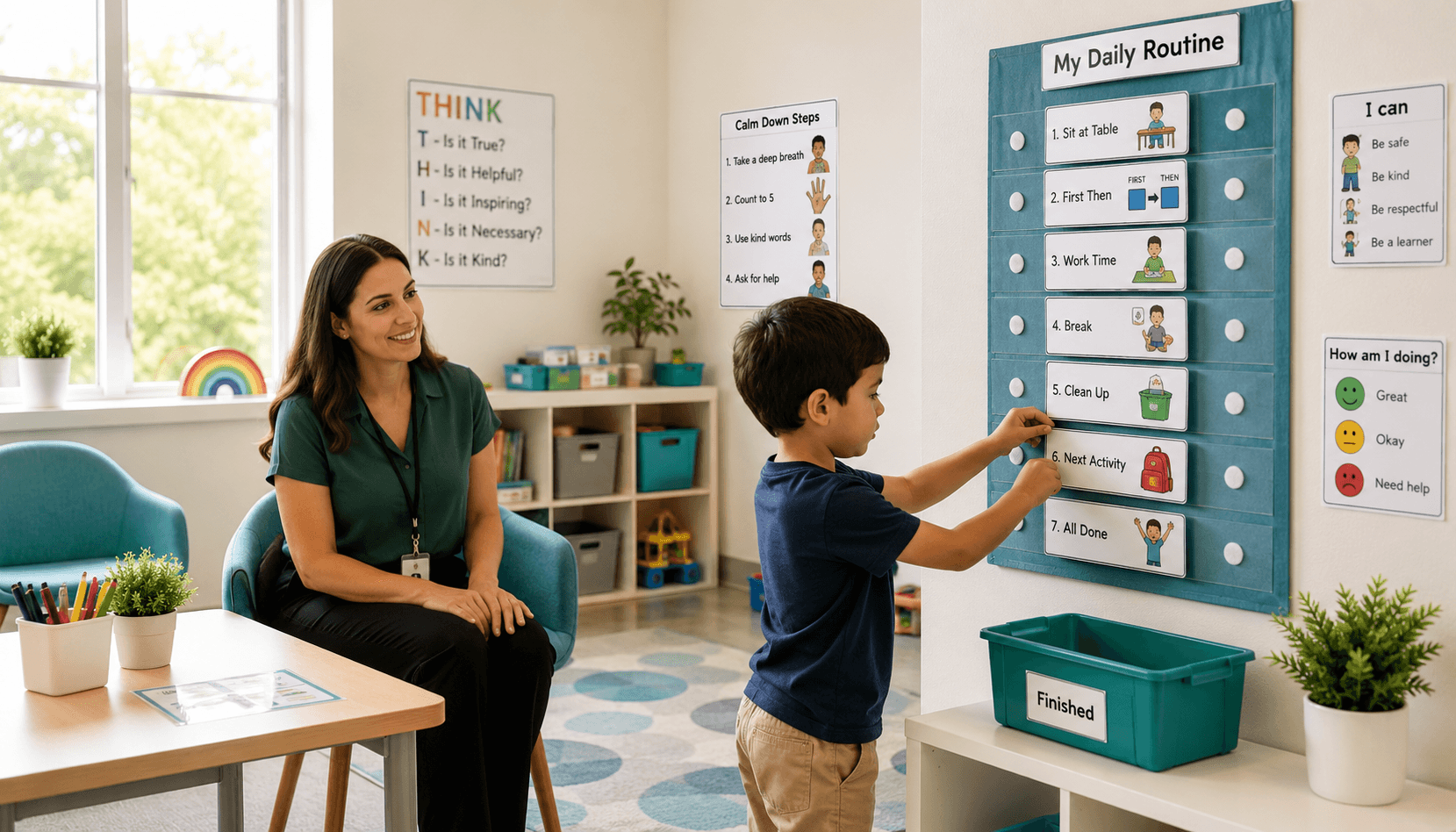 Child using a visual daily routine board with therapist guidance in a learning environment.