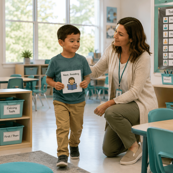 Teacher helping a child use visual schedule cards during a classroom transition activity.