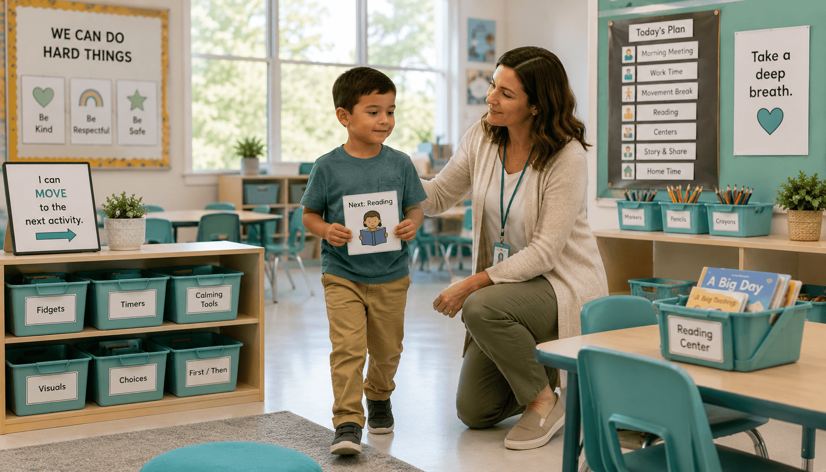 Teacher helping a child use visual schedule cards during a classroom transition activity.
